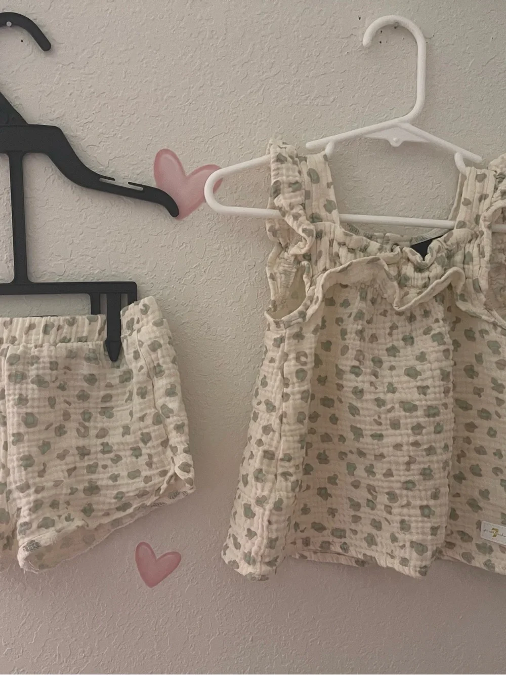 Girls Two-Piece Ruffle Tank & Shorts Set - Cream with Sage Green Print